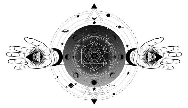 Cubo de Metatrones, Flor de la Vida, Geometría Sagrada, tercer ojo con icono espiritual esotérico de la mano y las fases lunares. Ojo de símbolo masónico dentro de la luna triple pagana icono de la diosa de la luna de Wicca aislado en blanco
 - Vector, imagen
