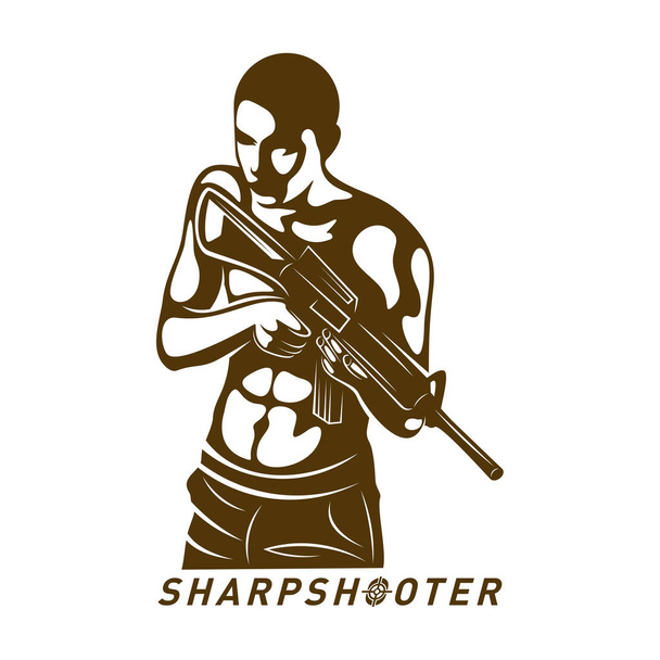 Sniper vector logo design concept style, Sharpshooter Style Concept logo Template, emblema e impressão de camiseta. ilustração sniper para equipe de esporte
. - Vetor, Imagem