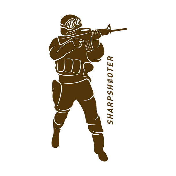 Sniper vector λογότυπο σχεδιασμό στυλ έννοια, Sharpshooter Style Concept λογότυπο Πρότυπο, έμβλημα και tshirt εκτύπωσης. απεικόνιση ελεύθερου σκοπευτή για αθλητική ομάδα. - Διάνυσμα, εικόνα