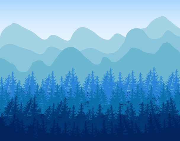 ilustración de bosque de coníferas y montañas. Infografía de viajes
 - Vector, imagen