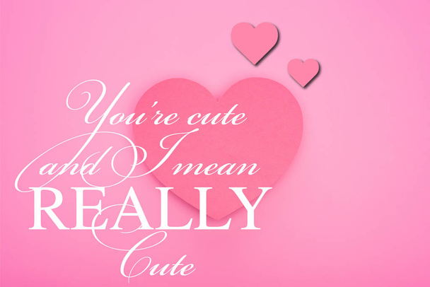 top view of hearts and you are cute illustration isolated on pink - Photo, Image
