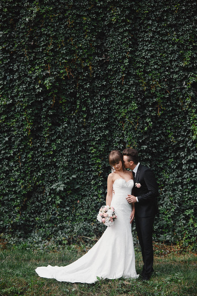 Braut im langen weißen Kleid mit Brautstrauß und Bräutigam im stilvollen Anzug nach einer Trauung vor einer Wand mit grünem Efeu - Foto, Bild