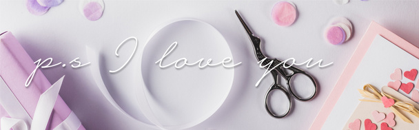 top view of valentines gifts, ribbon and scissors on white background with  ps i love you illustration, panoramic shot - Photo, Image