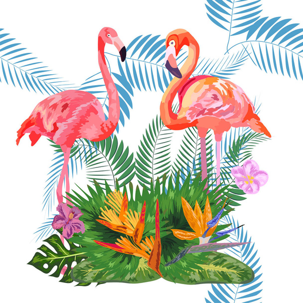 Pink flamingos, tropical flowers and jungle leaves, hibiscus, pi - Vector, Image