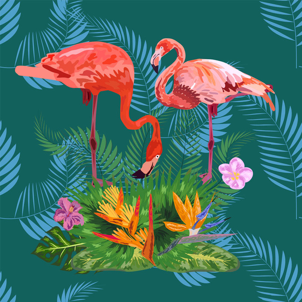 Pink flamingos, tropical flowers and jungle leaves, hibiscus, pi - Vector, Image