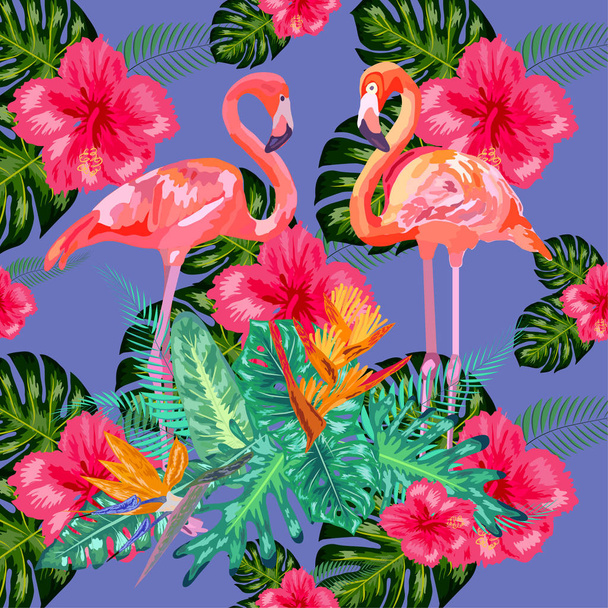 Seamless graphic pattern of flamingos in love among the trees - Vector, Image