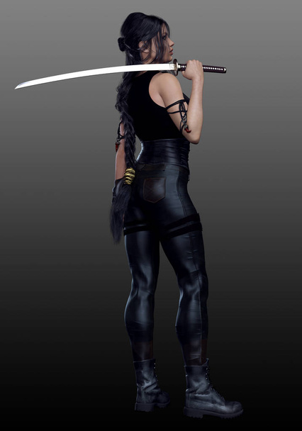 Sci Fi ή Urban Fantasy Woman σε μαύρο δέρμα με Katana Sword - Φωτογραφία, εικόνα
