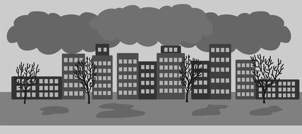 Vector hand drawn illustration with polluted city with air emissions - Vector, Image