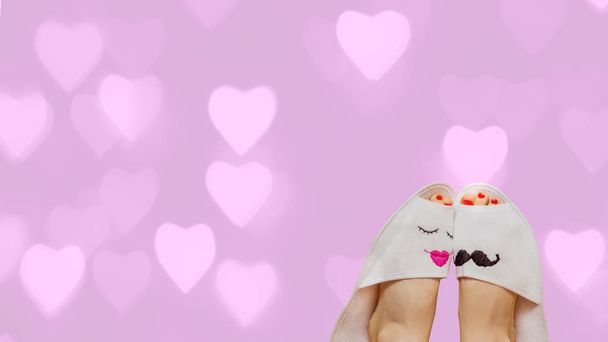 Romantic couple concept over pastel tender pink background with heart bokeh - Foto, imagen