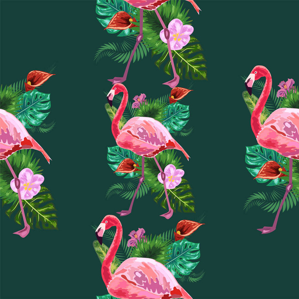 Flamingo Bird and Tropical Flowers Background - Retro seamless p - Vector, Image