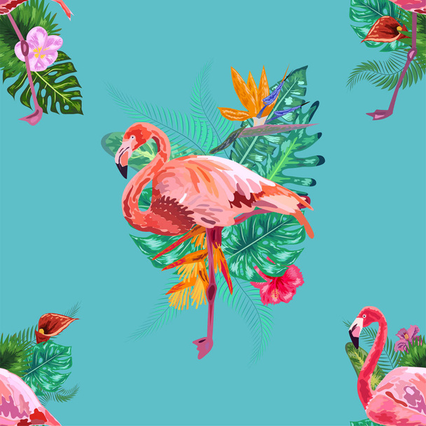 Flamingo Bird and Tropical Flowers Background - Retro seamless p - Vettoriali, immagini
