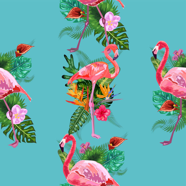 Flamingo Bird and Tropical Flowers Background - Ρετρό απρόσκοπτη p - Διάνυσμα, εικόνα