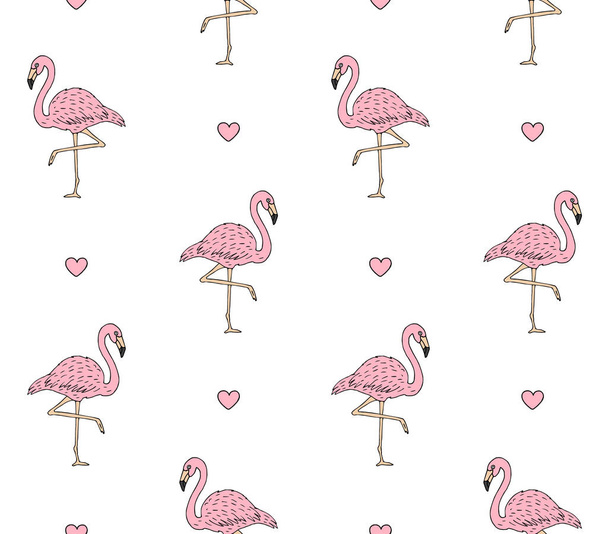 Vector seamless pattern of hand drawn doodle sketch pink flamingo and hearts isolated on white background - Διάνυσμα, εικόνα