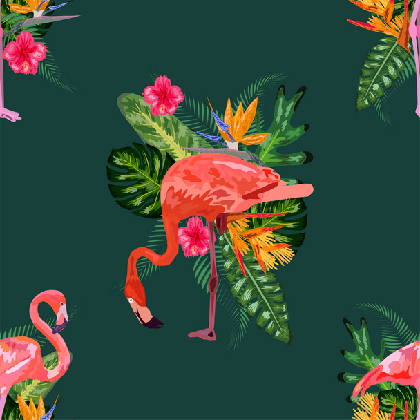 Flamingolu, canavarlı ve palmiye yapraklı tatlı pastel desenli. Hayır. - Vektör, Görsel