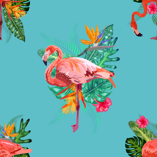 Summer background of hand drawn flamingo and palms. Tropical sea - Vettoriali, immagini