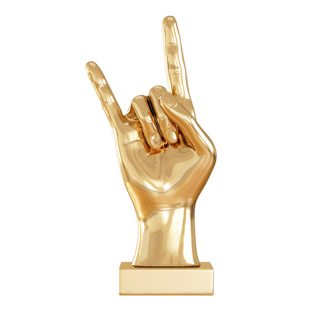 Een gouden beeldje van een hand met twee opgeheven vingers op een witte achtergrond. Vooraanzicht. 3d destructie - Foto, afbeelding