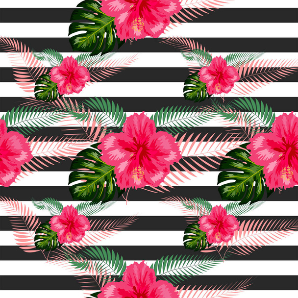 naadloze tropische bloemen met borstel streep patroon achtergrond - Vector, afbeelding