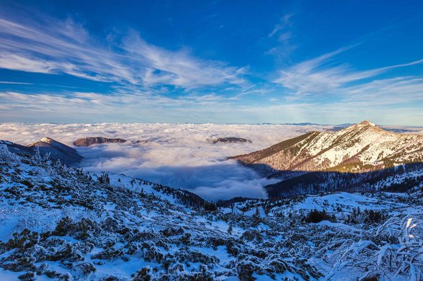 Paisagem de montanha de inverno em um dia ensolarado com nevoeiro nos vales
 - Foto, Imagem