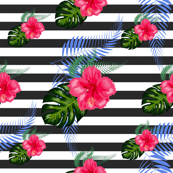 Tropikalne kwiaty i liście palmy na tle. Płynny wzór - Wektor, obraz