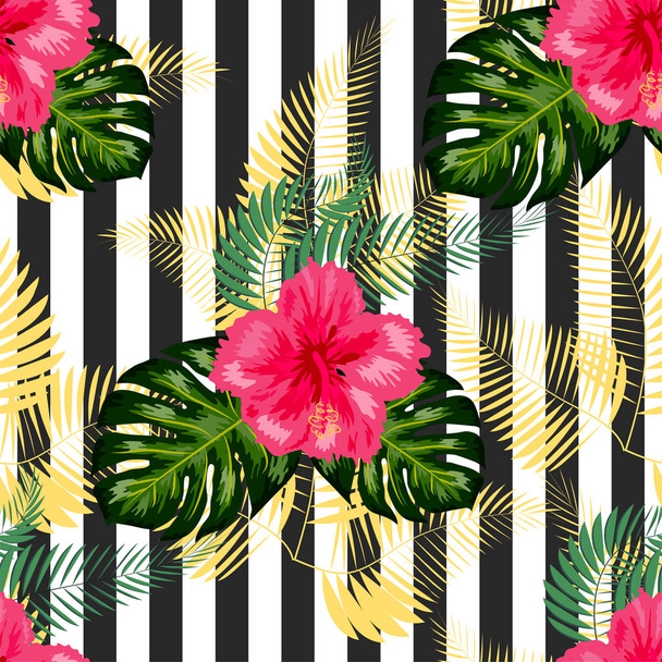 Flores tropicales y hojas de palma sobre fondo. Patrón sin costura - Vector, Imagen