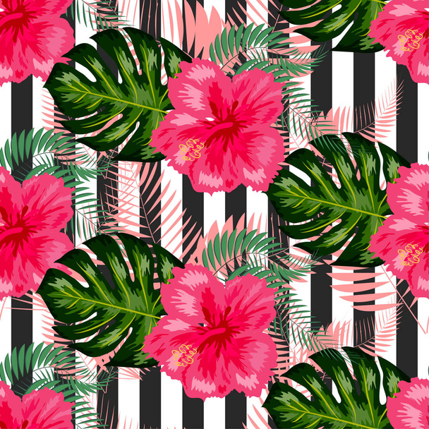 Bezešvé exotický vzor s tropickými listy a květinami na wh - Vektor, obrázek