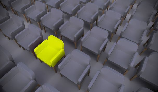 Pomysł lub konceptualny żółty fotel wyróżniający się w sali konferencyjnej jako metafora przywództwa, wizji i strategii. 3D ilustracja indywidualności, kreatywności i osiągnięć - Zdjęcie, obraz