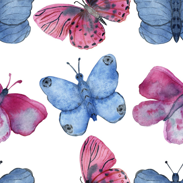 Watercolor hand painted wild nature seamless pattern with pink and blue butterflies composition isolated on the white background, trendy print for eco beautiful design elements and cards - Zdjęcie, obraz