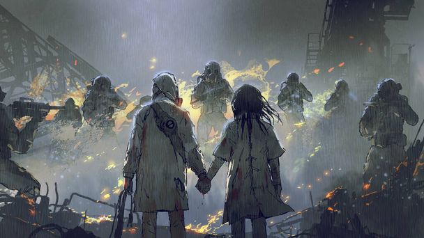 εραστές κρατώντας τα χέρια κοιτάζοντας τους στρατιώτες στη βροχερή νύχτα, ψηφιακό στυλ τέχνης, ζωγραφική εικονογράφηση - Φωτογραφία, εικόνα