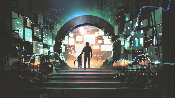 conceito de ficção científica mostrando um homem em pé no portal futurista, estilo de arte digital, pintura ilustração
 - Foto, Imagem