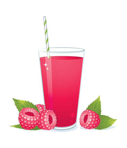  Glass of raspberry juice ,raspberries and leaves. - Vector, Image
