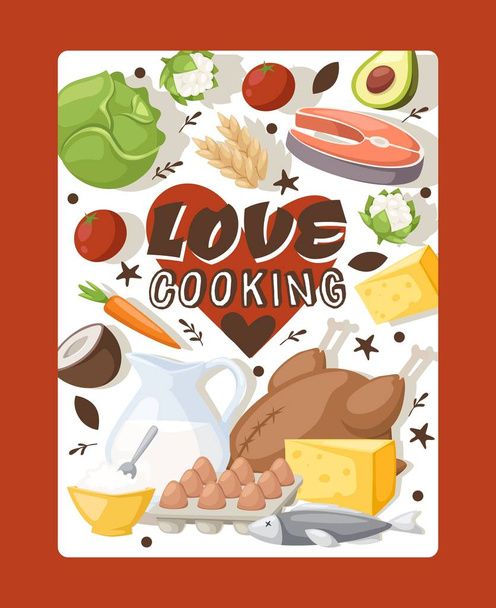 Couverture de livre culinaire, illustration vectorielle. Amour cuisine, affiche typographique pour la cuisine. Recettes à partir d'ingrédients biologiques, livre de cuisine d'aliments sains. Produits laitiers, légumes
 - Vecteur, image