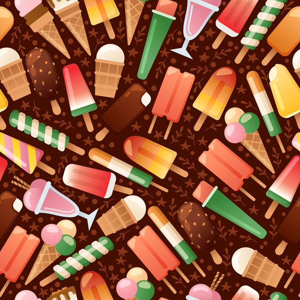 Ice cream seamless pattern, vector illustration. Colorful gelato, frozen juice popsicle, ice cream scoop in wafer cone or glass bowl, chocolate coating. Wrapping paper - ベクター画像