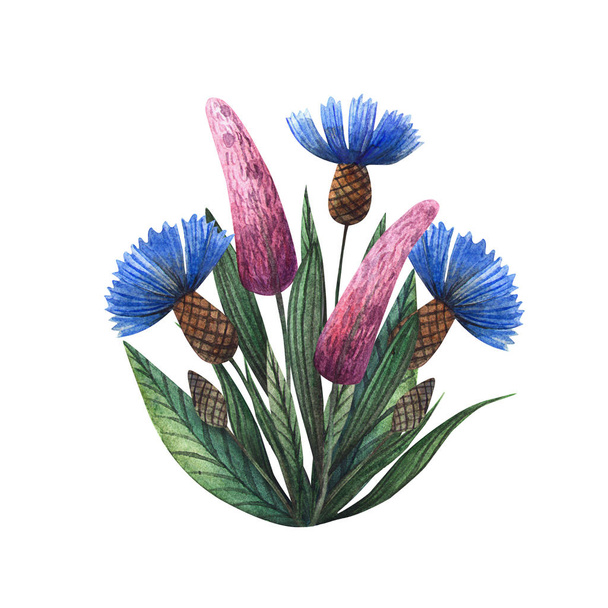 Flower arrangement. Watercolor stylized wild flowers. composition of blue cornflower, lavender and green leaves. Isolated on white background for stickers, logo, print, decor - Foto, Imagen