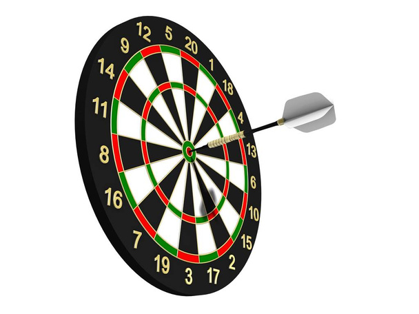 darts board with dart on white background - Foto, afbeelding