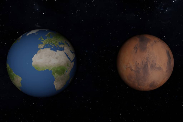 Erde vs. Mars Größenunterschiede in der 3D-Darstellung der Planeten - Foto, Bild