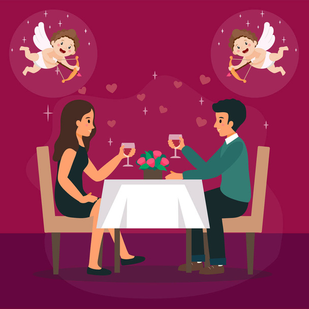 Man en vrouw in de liefde zijn in het restaurant op Romantic Date. Cartoon Cupido houdt boog vast en schiet pijl. Mensen zitten aan tafel met een glas wijn. Platte stijl. Vector Illustratie - Vector, afbeelding