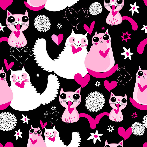 Seamless bright festive pattern of cats in love - Διάνυσμα, εικόνα