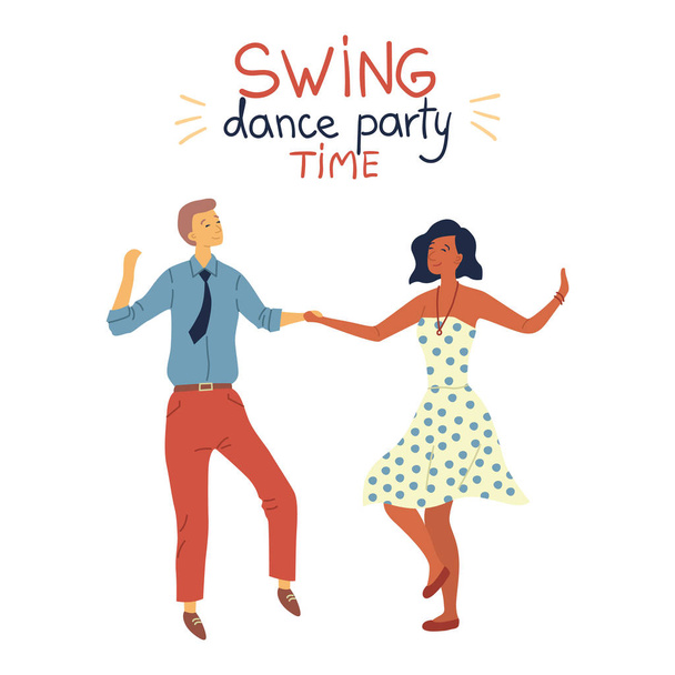 Swing Dance Party Time Concept. Cool Pretty Couple is Dancing Swing, Rock and Roll or Lindy Hop on Abstract Background. Flat Style. Vector Illustration - Vector, Image