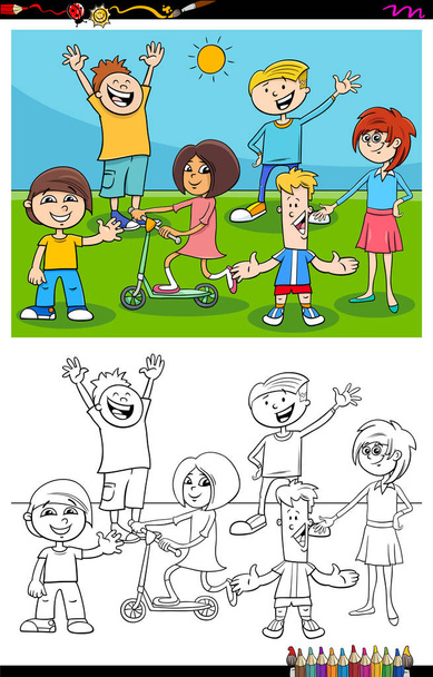 Çocuklar ve gençler grup renk kitabı sayfası - Vektör, Görsel