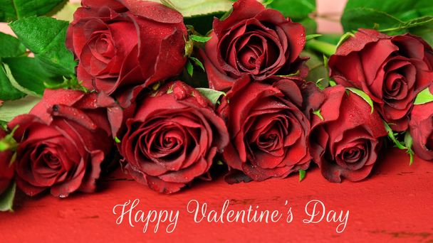 San Valentino regalo di rose rosse macro closup su sfondo di legno rosso
. - Foto, immagini