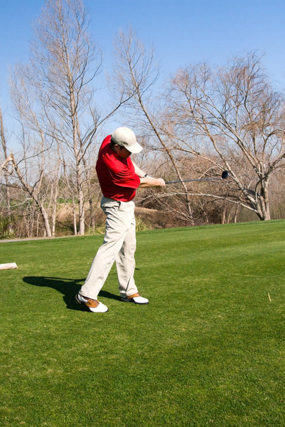 a golfer hitting the back of a golf course - Zdjęcie, obraz