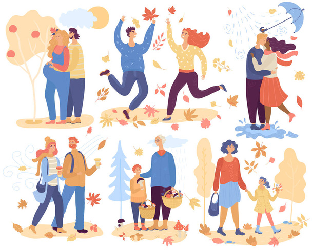 Happy people in autumn, romantic loved couples vector illustration - Vector, Image