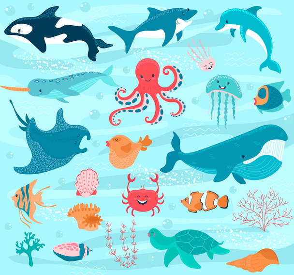 Underwater world cartoon, ocean animals, vector illustration - Vector, Image