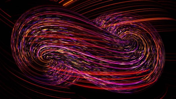 Абстрактні скручені лінії, що рухаються на чорному тлі, концепція нескінченності. Анімація. Красива неонова фігура з протікаючими рожевими і червоними частинками, безшовна петля
. - Фото, зображення