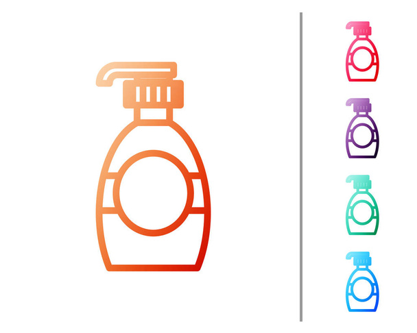Línea roja Botella de jabón líquido antibacteriano con icono del dispensador aislado sobre fondo blanco. Desinfección, higiene, concepto de cuidado de la piel. Establecer iconos de color. Ilustración vectorial
 - Vector, imagen