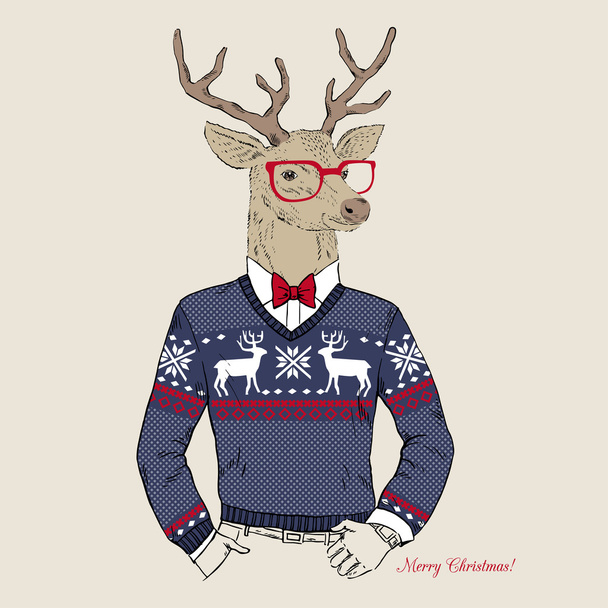 Олень Хипстер в жаккардовом свитере, Счастливая рождественская открытка
 - Вектор,изображение