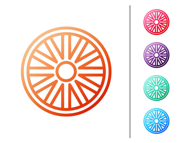 Línea roja Antiguo icono de rueda de madera aislado sobre fondo blanco. Establecer iconos de color. Ilustración vectorial
 - Vector, Imagen