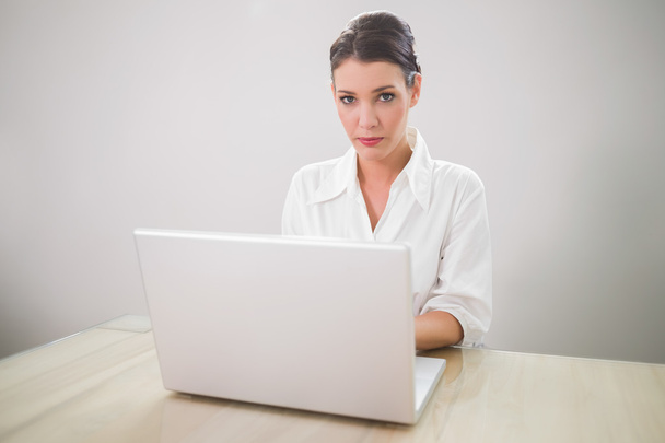 Serious charming businesswoman typing on laptop - 写真・画像