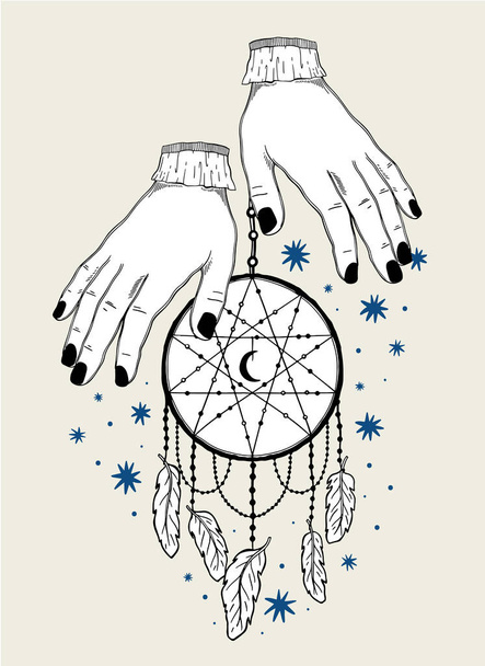 Mystic dream Catcher.Hand draw vintage line style.Boho ethnic amulet. - Vector, Image