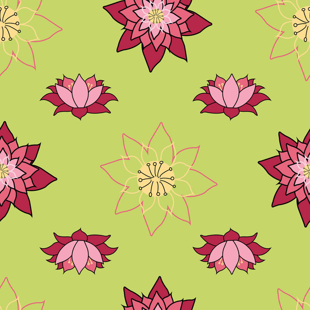 Bloeiende Lotus herhaling vector ontwerp, fel groene achtergrond, Lily in bloei - Vector, afbeelding